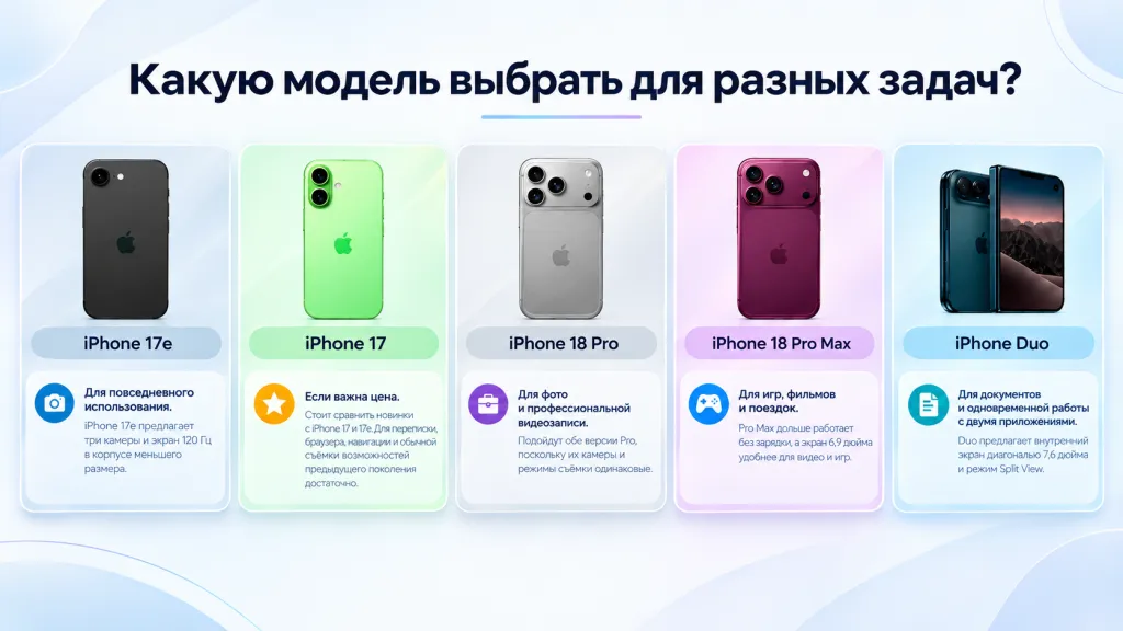 Какую модель выбрать для разных задач? - 17e, 17, 18 Pro, 18 Pro Max и Duo Какой iPhone 18 выбрать - рекомендации по моделям для съемки, игр и работы