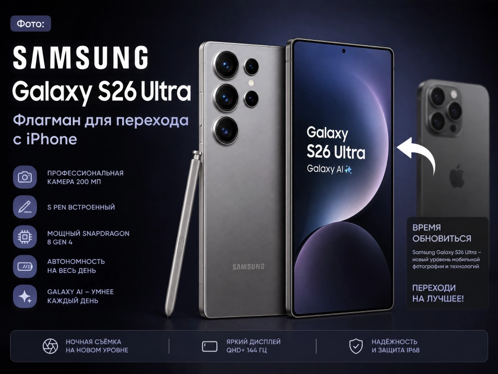 Samsung Galaxy S26 Ultra - на какой самсунг перейти с айфона, топ телефон на андроиде 2026 Фото Samsung Galaxy S26.png