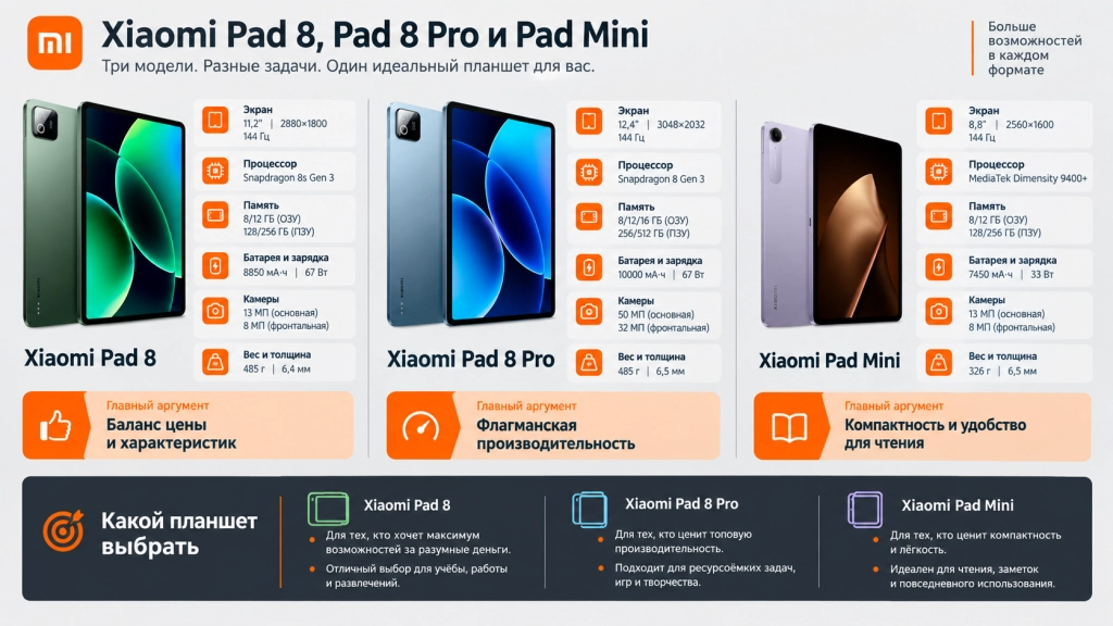Xiaomi Pad 8 Pro и Mini сравнение характеристик - какой планшет лучше купить