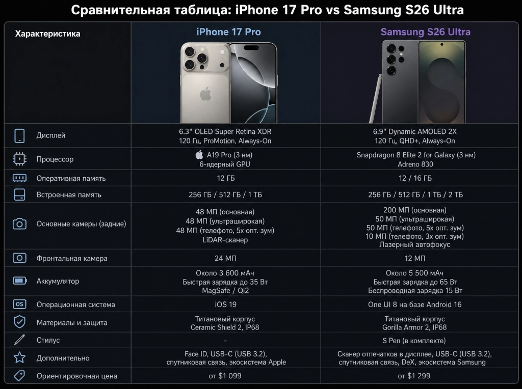 Сравнение iPhone 17 Pro Samsung S26 Ultra - топ лучших телефонов на андроиде 2026 Сравнительная таблица.png