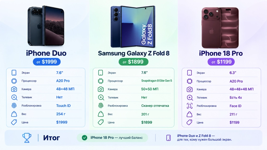 Сравнение iPhone Duo с iPhone 18 Pro и Samsung Galaxy Z Fold - какой складной смартфон лучше