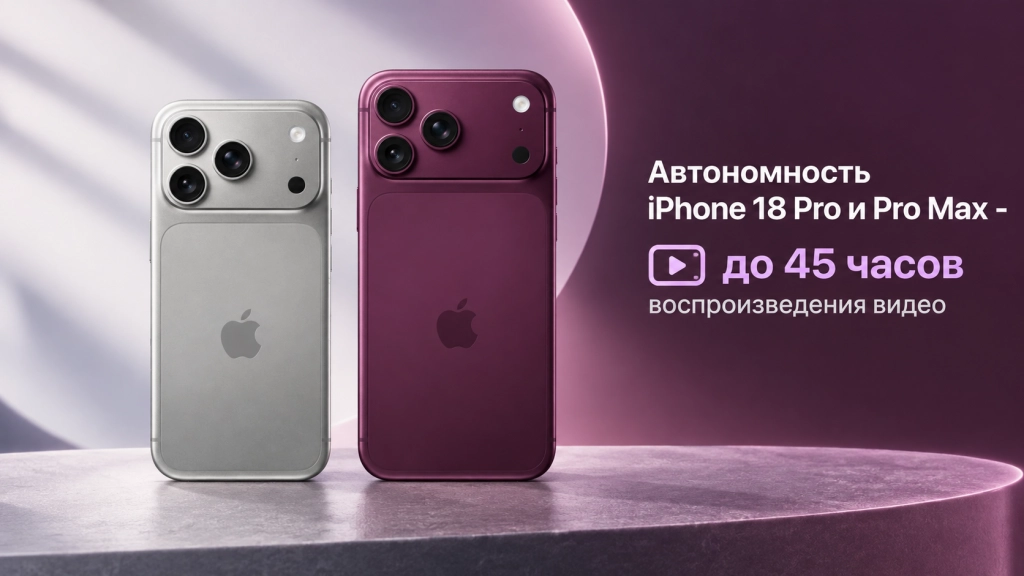 iPhone 18 Pro - до 36 часов воспроизведения видео, для Pro Max - до 45 часов. Автономность iPhone 18 Pro и Pro Max - до 45 часов воспроизведения видео