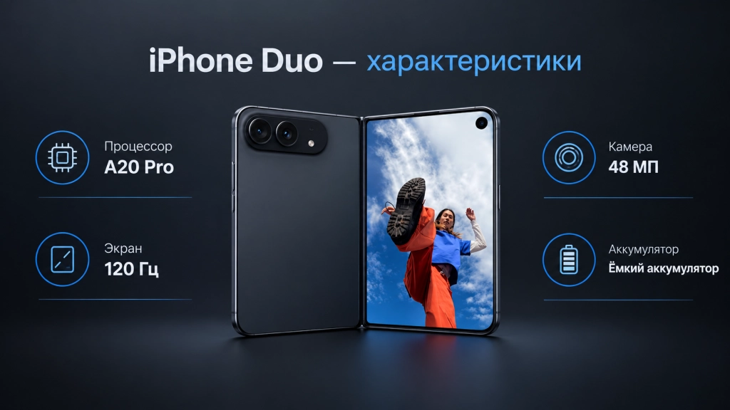 iPhone Duo характеристики - процессор A20 Pro, камеры 48 Мп, экран 120 Гц и аккумулятор