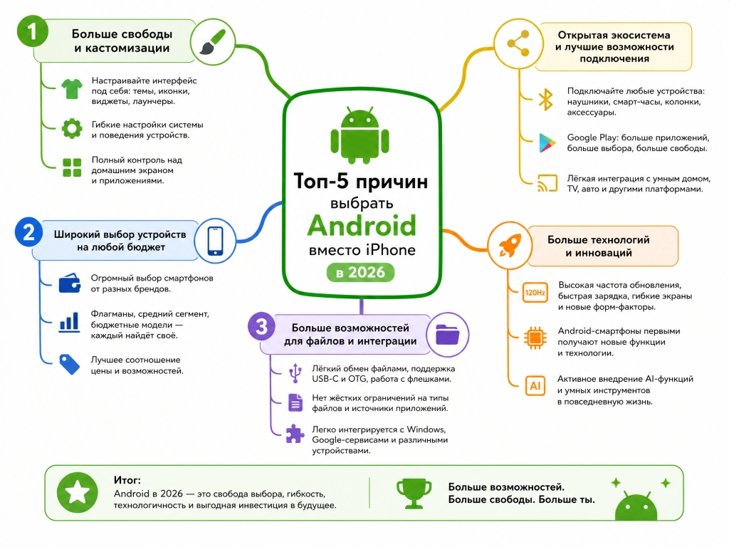 Стоит ли переходить с айфона на андроид - причины перехода на Android смартфоны в 2026 году Инфографика «оп-5 причи.png