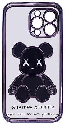 Чехол для iPhone 14 Pro прозрачный с 3D мишкой Фиолетовый 400_400_534113
