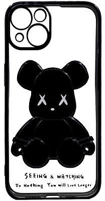 Чехол для iPhone 14 прозрачный с 3D мишкой Черный 400_400_534256