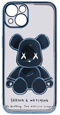 Чехол для iPhone 14 прозрачный с 3D мишкой Голубой 400_400_534231