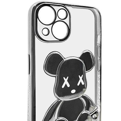 Чехол для iPhone 14 прозрачный с 3D мишкой Серебристый 400_400_534249