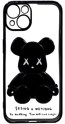 Чехол для iPhone 13 mini прозрачный с 3D мишкой Черный 400_400_533404