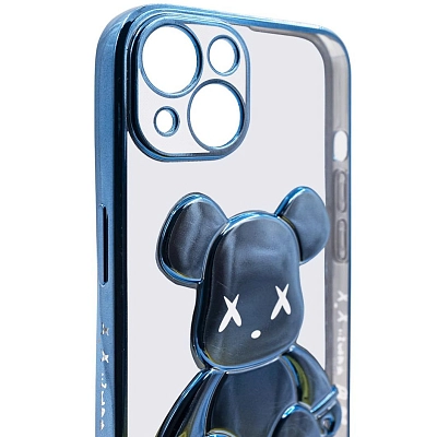 Чехол для iPhone 13 прозрачный с 3D мишкой Голубой 400_400_533542