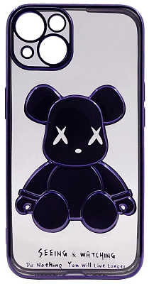 Чехол для iPhone 14 прозрачный с 3D мишкой Фиолетовый 400_400_534255