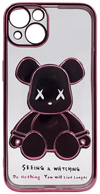 Чехол для iPhone 13 прозрачный с 3D мишкой Розовый 400_400_533549