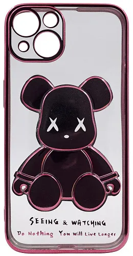 Чехол для iPhone 14 Plus прозрачный с 3D мишкой Розовый 250_100_533767