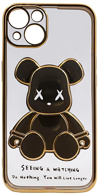 Чехол для iPhone 14 прозрачный с 3D мишкой Золотой 400_400_534236