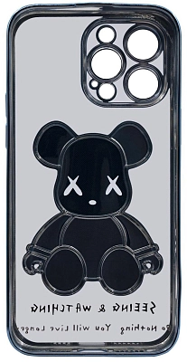 Чехол для iPhone 13 Pro Max прозрачный с 3D мишкой Голубой 400_400_533420