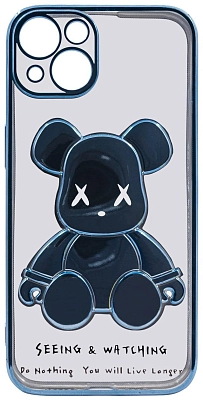 Чехол для iPhone 13 прозрачный с 3D мишкой Голубой 400_400_533539