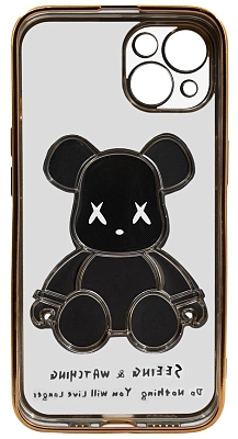 Чехол для iPhone 14 прозрачный с 3D мишкой Золотой 400_400_534237