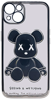Чехол для iPhone 14 Plus прозрачный с 3D мишкой Серебристый 400_400_533768