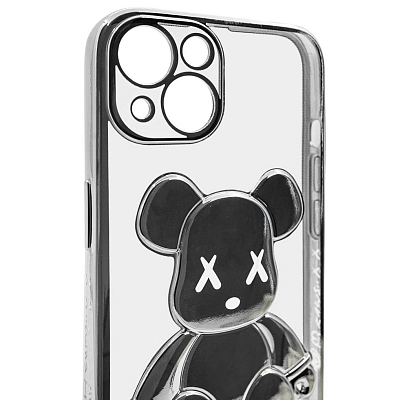 Чехол для iPhone 14 Plus прозрачный с 3D мишкой Серебристый 400_400_533771
