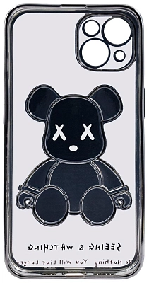 Чехол для iPhone 14 Plus прозрачный с 3D мишкой Серебристый 400_400_533769