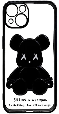 Чехол для iPhone 14 прозрачный с 3D мишкой Черный 400_400_131935