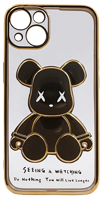 Чехол для iPhone 14 прозрачный с 3D мишкой Золотой 400_400_534240