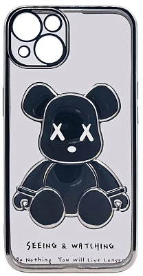 Чехол для iPhone 13 mini прозрачный с 3D мишкой Серебристый 400_400_533394