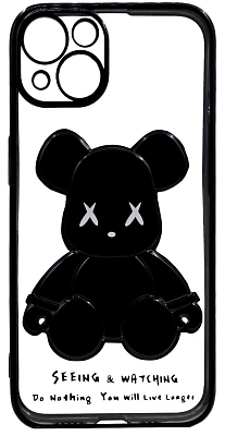 Чехол для iPhone 13 mini прозрачный с 3D мишкой Черный 400_400_533408