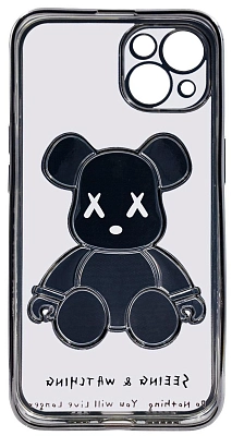 Чехол для iPhone 14 прозрачный с 3D мишкой Серебристый 400_400_534247