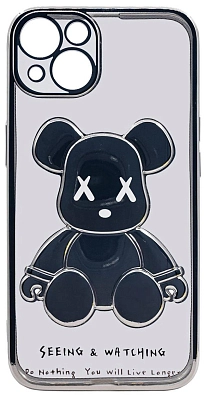 Чехол для iPhone 14 прозрачный с 3D мишкой Серебристый 400_400_534250