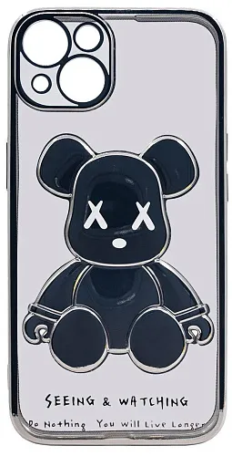 Чехол для iPhone 14 прозрачный с 3D мишкой Серебристый 250_100_534250