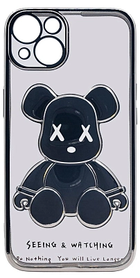 Чехол для iPhone 13 прозрачный с 3D мишкой Серебристый 400_400_533558