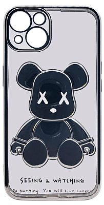 Чехол для iPhone 13 прозрачный с 3D мишкой Серебристый 400_400_533554