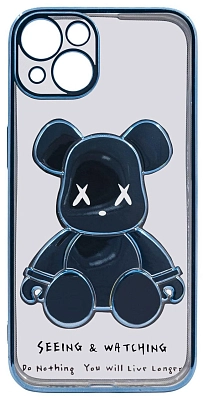 Чехол для iPhone 13 прозрачный с 3D мишкой Голубой 400_400_533543