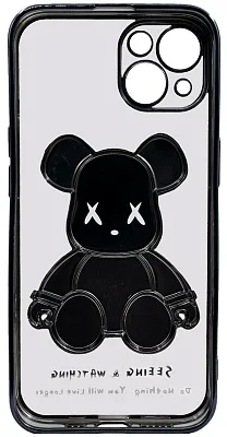 Чехол для iPhone 14 прозрачный с 3D мишкой Черный 400_400_131936