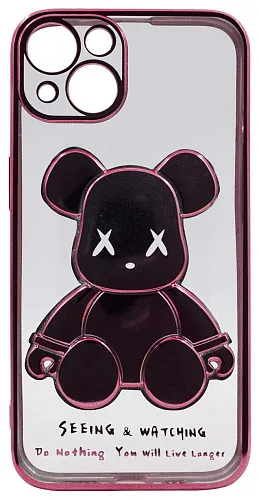 Чехол для iPhone 14 прозрачный с 3D мишкой Розовый 250_100_534245