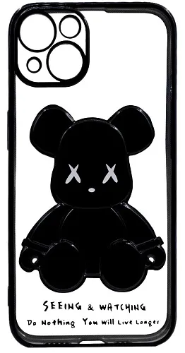 Чехол для iPhone 13 прозрачный с 3D мишкой Черный 250_100_533568
