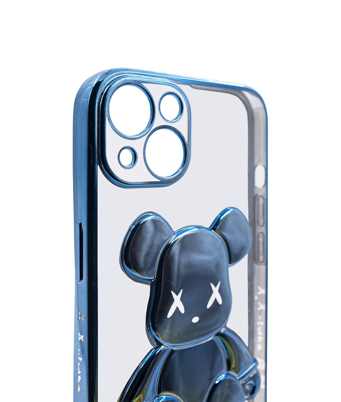 Чехол для iPhone 14 Plus прозрачный с 3D мишкой Голубой
