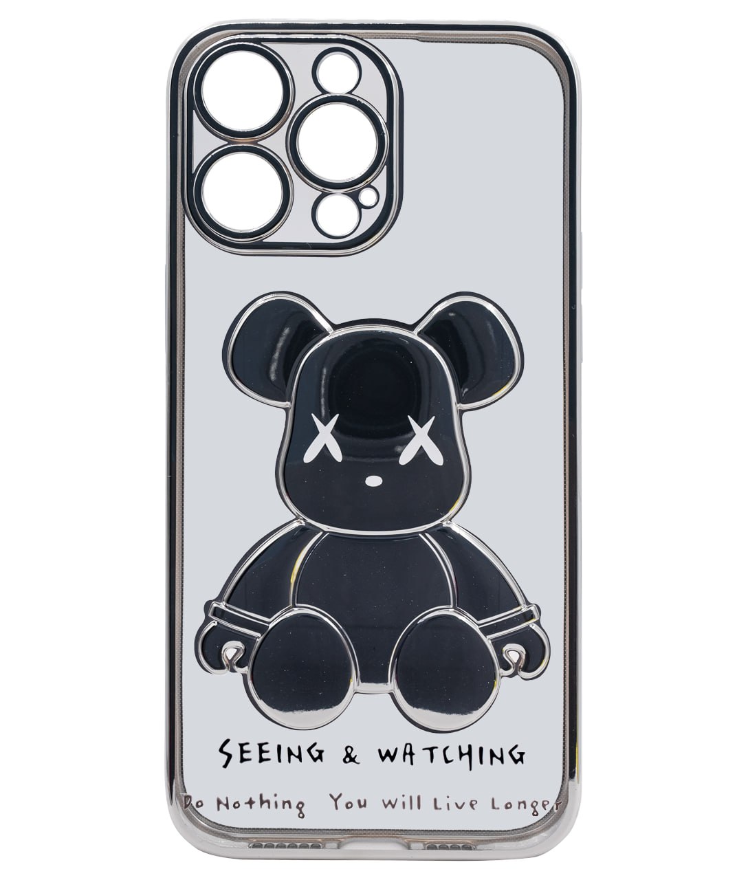 Чехол для iPhone 14 Pro Max прозрачный с 3D мишкой Серебристый