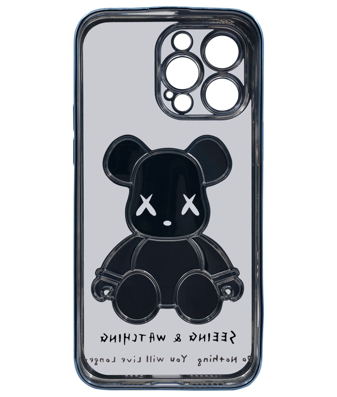 Чехол для iPhone 13 Pro прозрачный с 3D мишкой Голубой