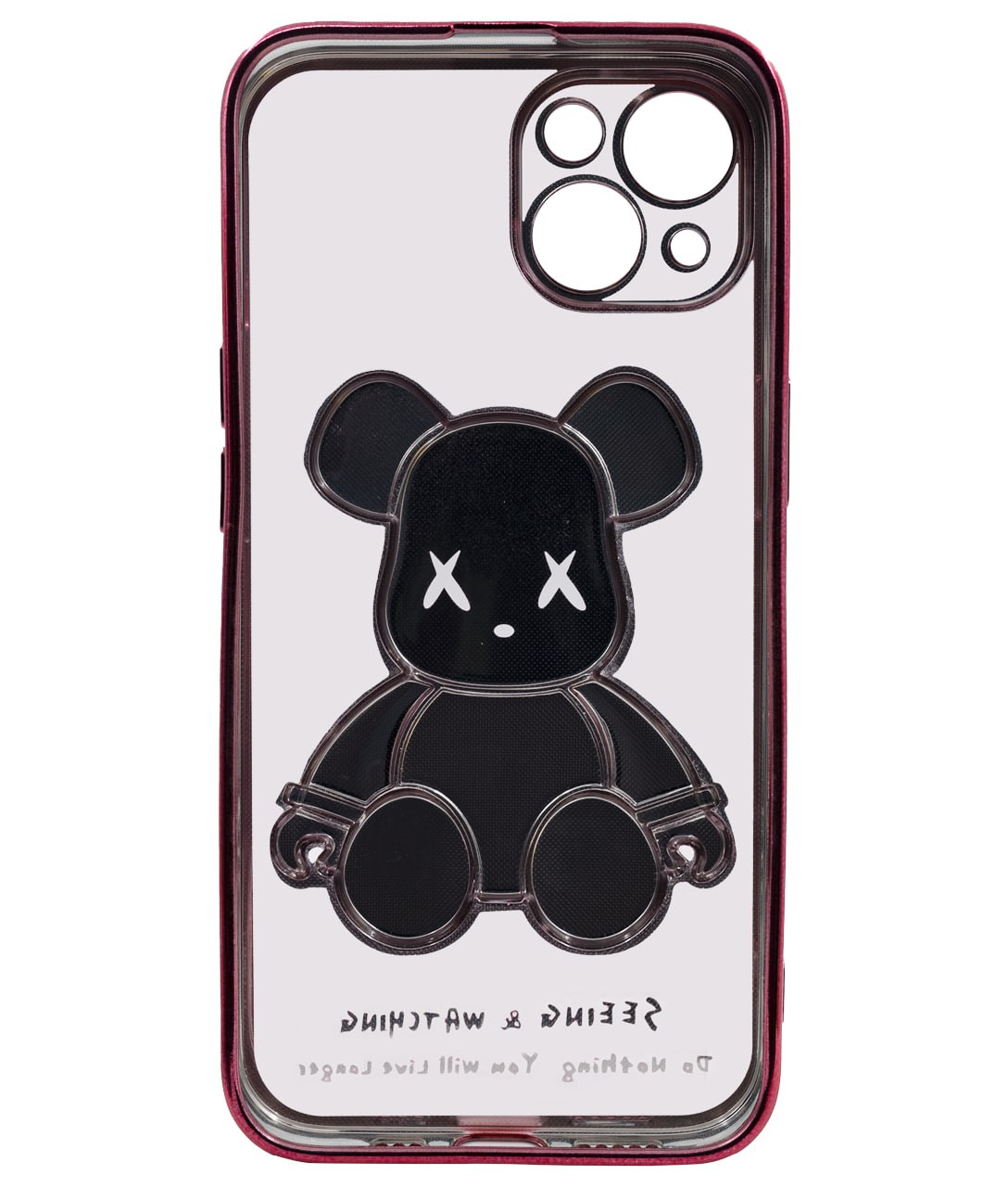 Чехол для iPhone 13 mini прозрачный с 3D мишкой Розовый