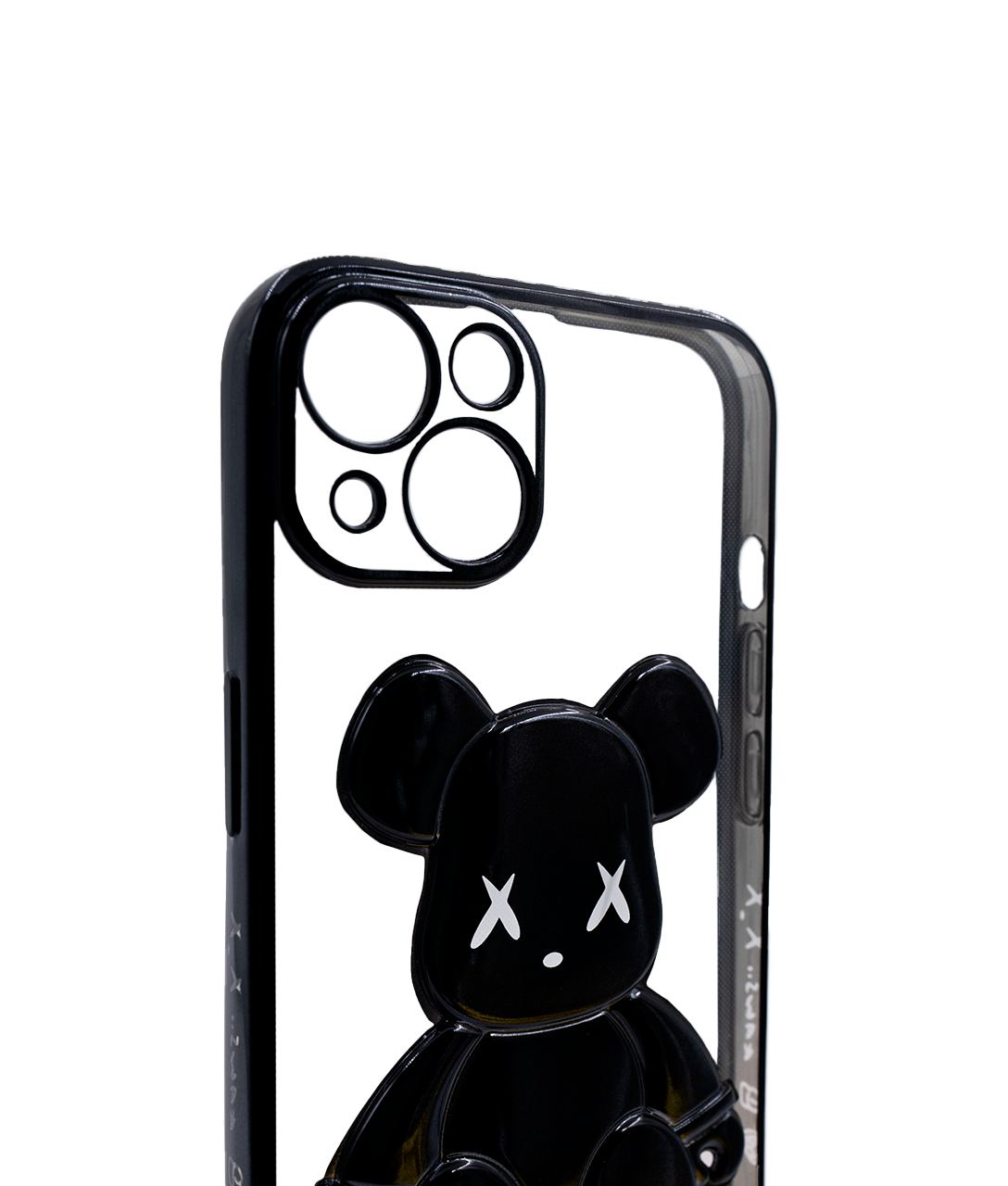 Чехол для iPhone 14 прозрачный с 3D мишкой Черный