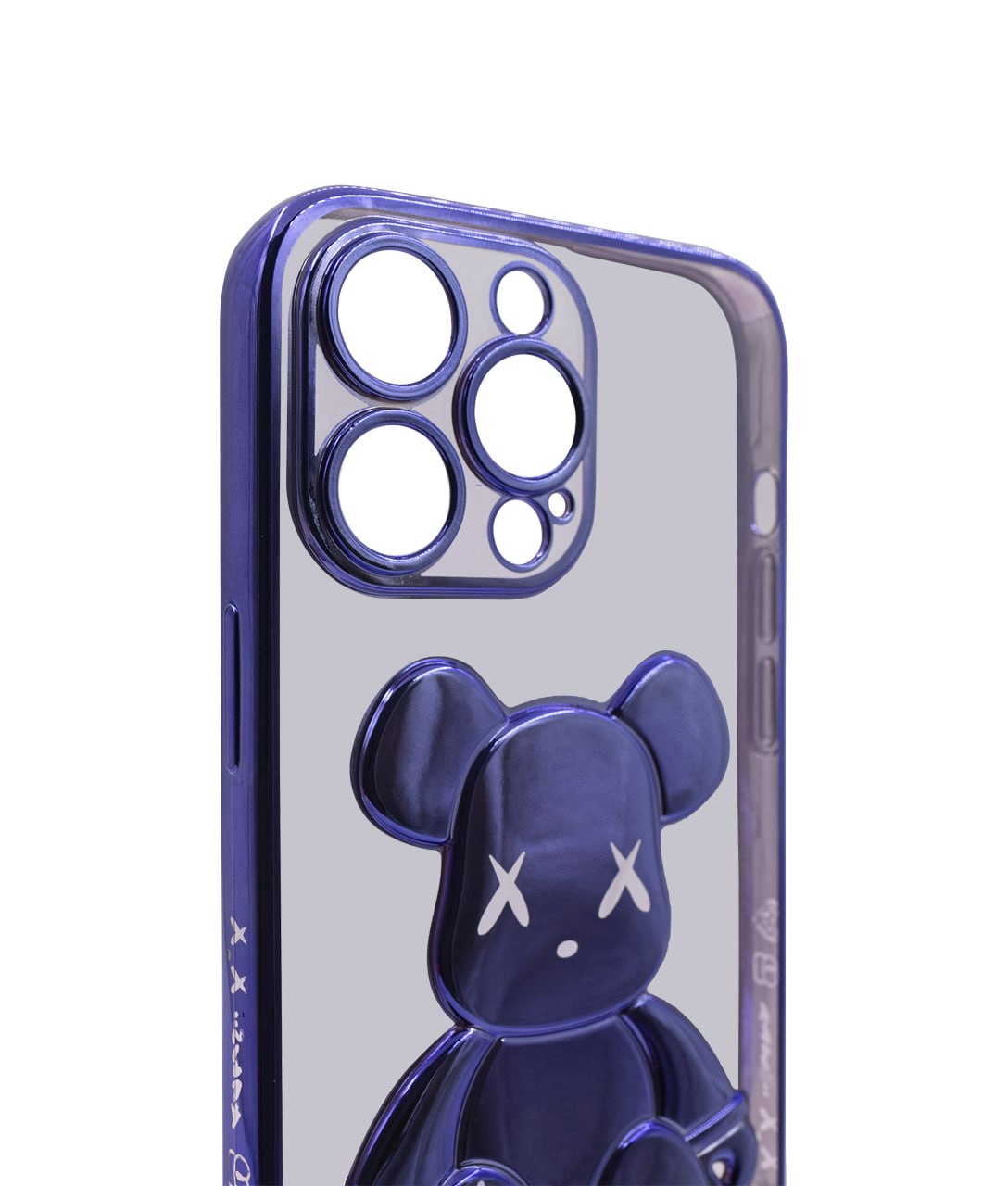 Чехол для iPhone 14 Pro Max прозрачный с 3D мишкой Фиолетовый
