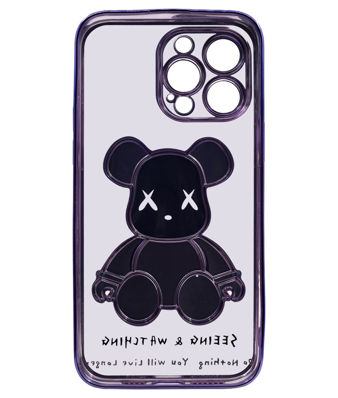 Чехол для iPhone 14 Pro прозрачный с 3D мишкой Фиолетовый