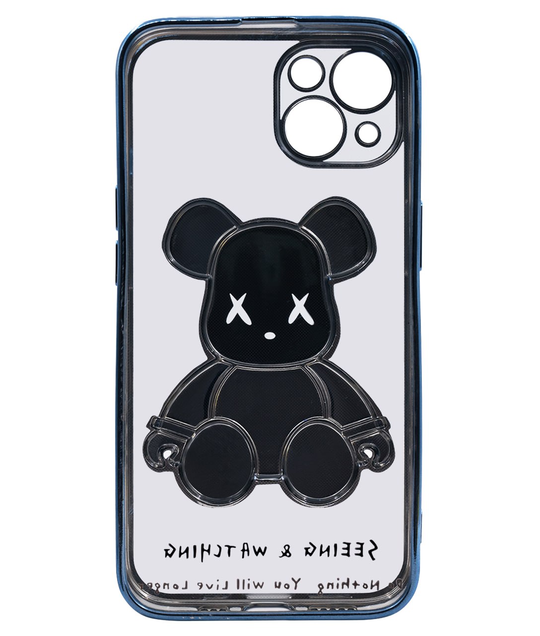 Чехол для iPhone 14 Plus прозрачный с 3D мишкой Голубой