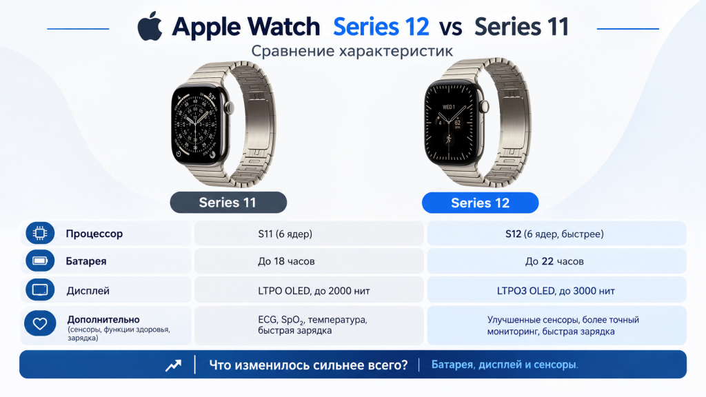 Apple Watch Series 12 характеристики - таблица сравнения с Series 11