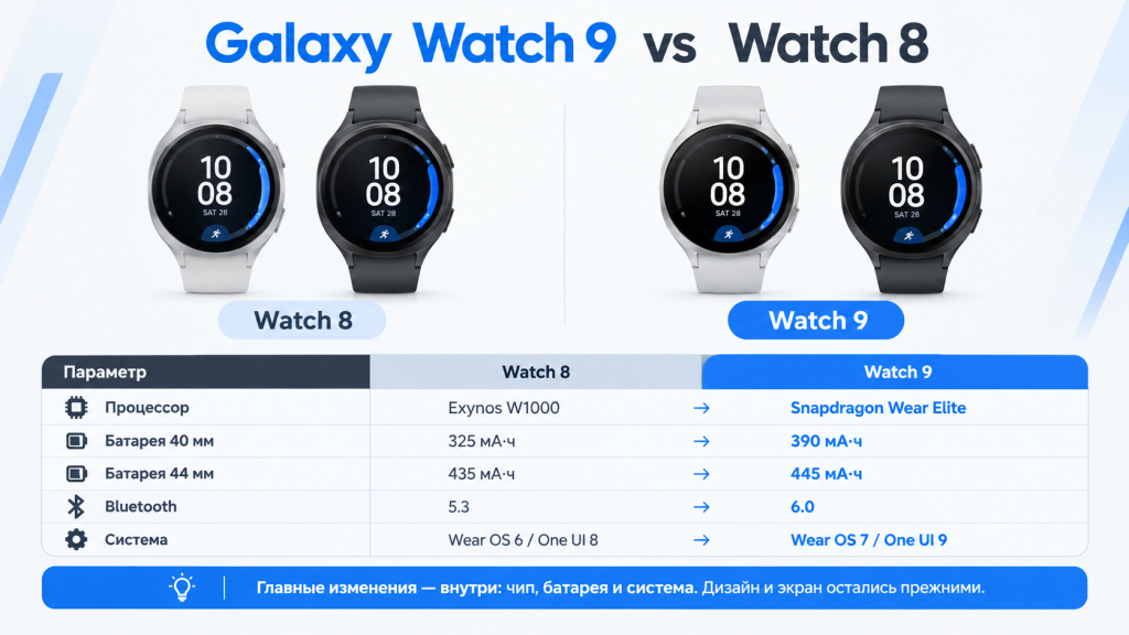 Galaxy Watch 9 vs Watch 8 - таблица сравнения характеристик Galaxy Watch 9 характеристики - таблица сравнения с Galaxy Watch 8