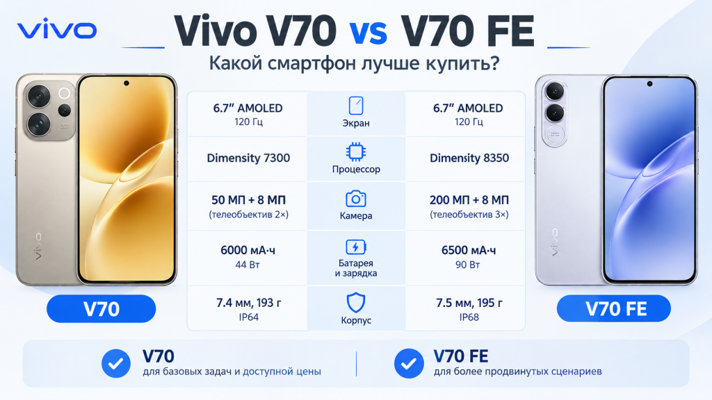 Сравнение Vivo V70 и V70 FE - какой смартфон лучше купить