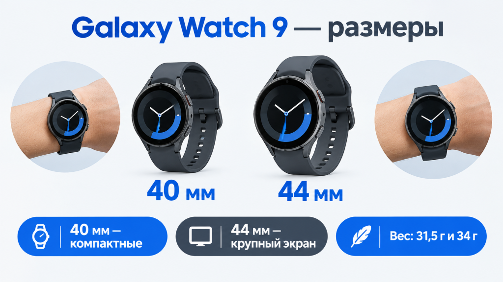 Galaxy Watch 9 - размеры корпуса 40 и 44 мм, какую версию выбрать Galaxy Watch 9 размеры - сколько мм корпус и какую версию выбрать