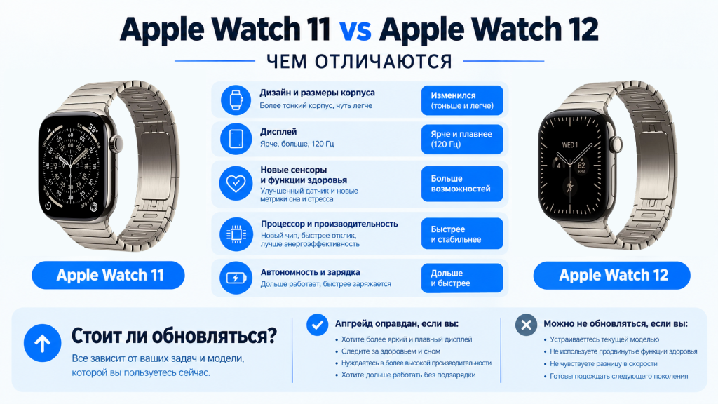Сравнение Apple Watch 11 и 12 - чем отличаются новые часы от предыдущего поколения